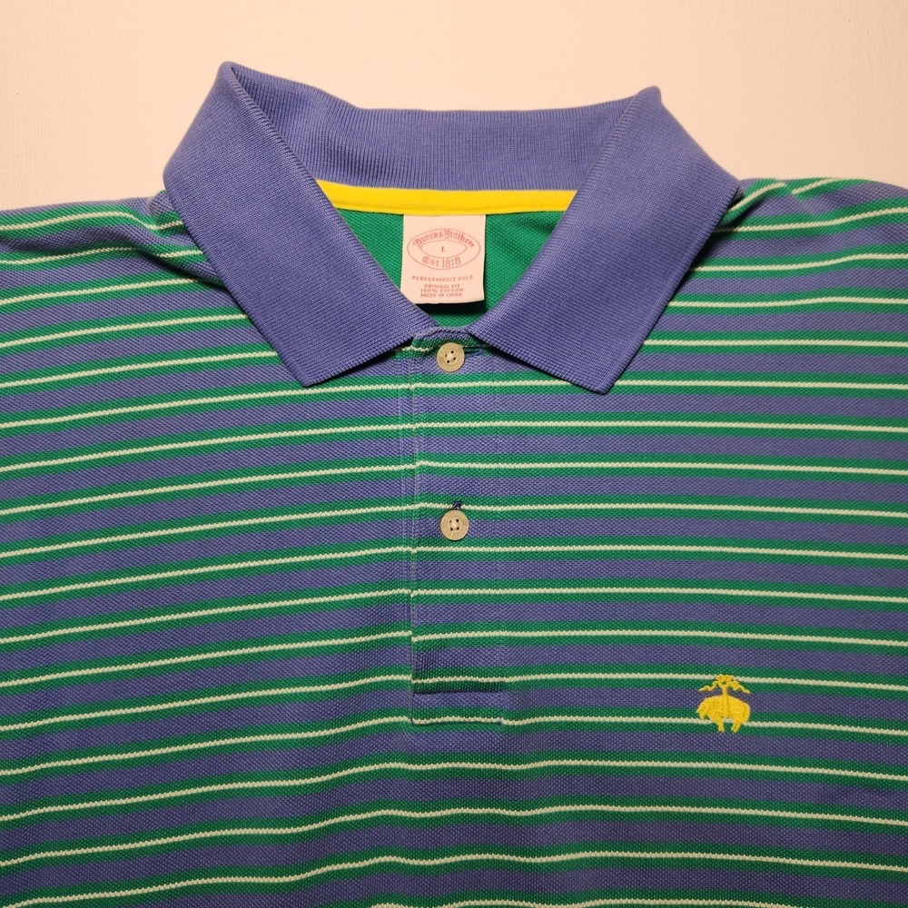 Brooks Brothers Performance Polo Mens Size Large Original Fit Blue Green Striped